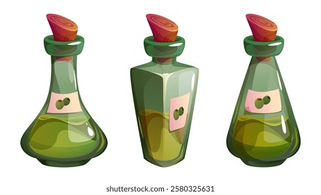 Oil bottle collection with olive contents - green glass containers with wooden cork stoppers, paper label. Transparent vessels filled with fat liquid. Food organic seasoning storage for cooking.