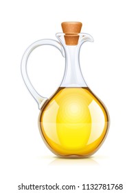 Oil bottle with cork. Glass jug for liquid ingredient. Oils capacity. Olive product for cooking. Isolated white background. EPS10 vector illustration.