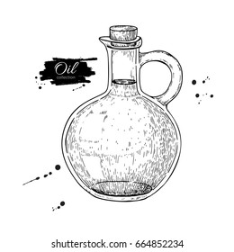 Oil bottle drawing. Vector glass pitcher with cork stopper. Hand drawn vintage jug illustration.