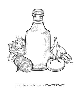 Oil Bottle, Hand-Drawn Vector, Graphic Style, Cartoon Illustration, Black and White, Sketch Style