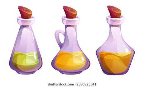 Oil bottle set with colorful liquid substances - transparent glass vessels containing olive green, yellow, brown essences, cork stoppers, handle element. Cartoon kitchen containers for cooking.