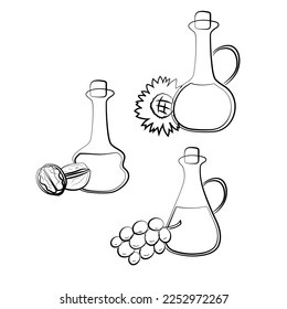 Oil bottle set. Sunflower walnut peanut grape seed icon. Flat vector illustration