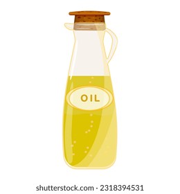 Oil in a bottle.Gourmet olive,canola or sunflower oil in decanter with handle and cork stopper.Glass pitcher with flavor condiment.Ingredients for cooking,baking,salad dressing and preservation.Vector