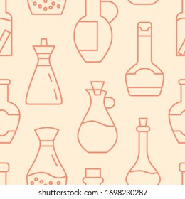 Patrón de iconos de botellas de aceite. Los condimentos de cocina son de fondo transparente. Ilustración vectorial de patrones sin problemas