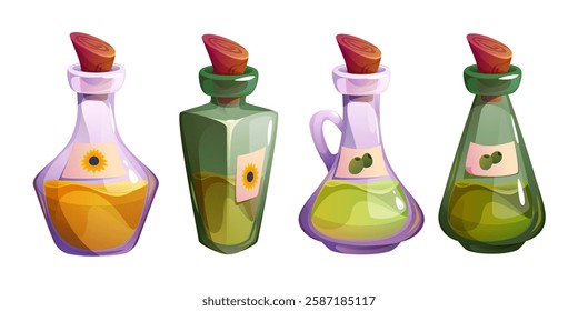 Oil bottles set isolated on white background. Vector cartoon illustration of glass jars with sunflower, olive extract, organic plant product, healthy food condiment, cooking and cosmetics ingredient