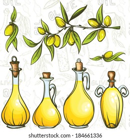 oil bottles set with olive branch on the seamless background