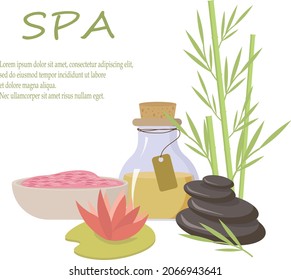 Oil bottles, stones, bamboo and fragrant pink salt illustration for spa treatments. Vector illustration on a white background. For packaging, prints, brochures and covers, spas, beauty shops and other