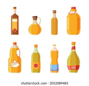 Oil Bottles. Yellow Ingredients For Preparing Food Cooking Products Garish Vector Oil Illustrations