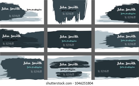 Oil Brushed Business Cards, Banners Vector Set. Amazing Painted Dark Horizontal Backgrounds. Creative Hipster Business Cards, Banners Template. Graffiti Paintbrush Futuristic Corporate Identity.