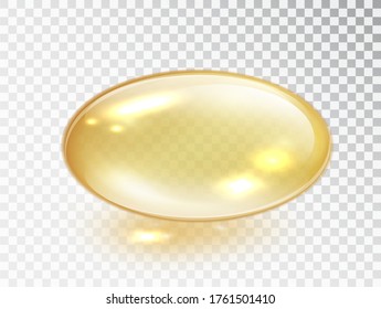 Oil bubble isolated on transparent background. Transparent yellow capsule of drug, vitamin or fish oil macro vector illustration. Cosmetic pill capsule of vitamin E, A or argan oil