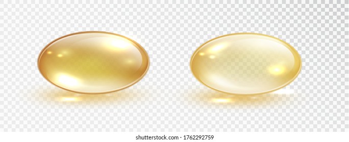 Oil bubble isolated on transparent background. Transparent yellow capsule of drug, vitamin or fish oil macro vector illustration. Cosmetic pill capsule of vitamin E, A or argan oil.