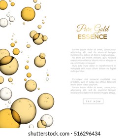 Oil Bubbles Isolated on White Background, Closeup Collagen Emulsion in Water. Vector Illustration. Gold Serum Droplets. Concept for Cosmetics, Beauty and Spa Brochure or Flyer.