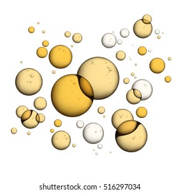 Oil Bubbles Isolated on White Background, Closeup Collagen Emulsion in Water. Vector Illustration. Gold Serum Droplets.