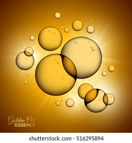 Oil Bubbles on Yellow Background with Shining Rays, Closeup Collagen Emulsion in Water. Vector Illustration. Gold Serum Droplets. Concept for Cosmetics, Beauty and Spa Brochure or Flyer.