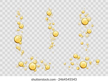 Oil bubbles, yellow liquid collagen or serum. Isolated 3d vector realistic shiny drops, gold cosmetic pills or capsules. Oily vitamin essence fizzing droplets, balls flying or floating in the air