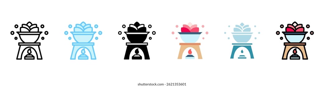 Quemador de aceite multi estilo, mini icono de ilustración, relacionado con la relajación, spa, bienestar y más. Vector EPS 10 para concepto moderno, impresión, interfaz de usuario, kit UX, Web y desarrollo de App