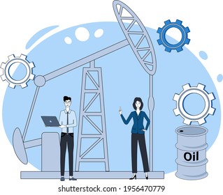The oil business.People on the background of an oil pump and a barrel.The concept of a business based on hydrocarbons.Flat vector illustration in blue style.