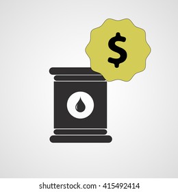 Oil can, barrel vector icon with dollar price tag sign, vat symbol