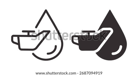 Oil can and drop outline and filled icons. Symbol of lubricant service and oil change. Editable stroke for line versions. Isolated vector illustrations.