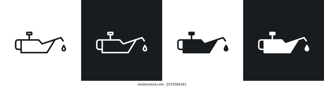 Oil can icon collection in black and white filled and stroke line style.