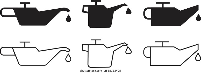 Oil can icons set in flat and line styles. Service needed symbols. Engine oil signs. Car check on dashboard symbols. Indicator on panel vehicle. Motor level vectors isolated on transparent background.