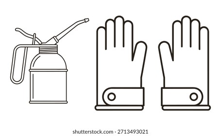 Oil can vector and safety gloves illustration. Industrial work tools with protective gear. Equipment for maintenance and repair.