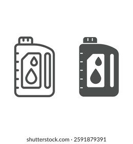 Oil canister with drop line and solid icon, car service concept. Vector graphics. Plastic container with automobile oil sign on white background, outline style icon for mobile or web design