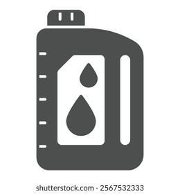 Oil canister with drop solid icon, car service concept. Vector graphics. Plastic container with automobile oil sign on white background, glyph style icon for mobile or web design