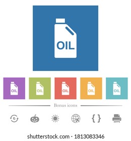 Oil canister flat white icons in square backgrounds. 6 bonus icons included.