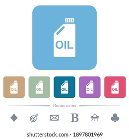 Oil canister white flat icons on color rounded square backgrounds. 6 bonus icons included