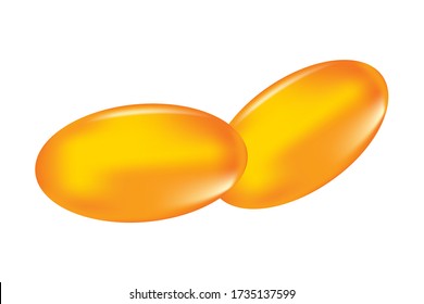 Oil capsule isolated on white background. Vitamin pill omega 3 fish oil, natural gel, drug, cosmetic gold capsule. Oil yellow oval bubble. Realistic serum droplet of collagen essence. Stock vector