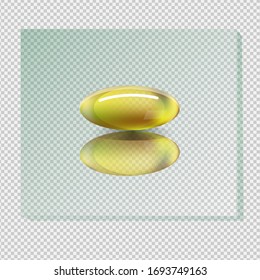 Oil capsule. Vitamin pill omega 3 fish oil, fatty organic acid medical diet nutrient. Cosmetic gold transparent capsule vector natural gel capsul 3d mockup