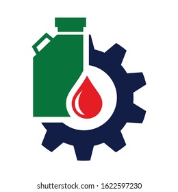 Oil Change Icon Logo Vector. Silhouette Of Oil Canister Bottle Gear And Circle Arrow .symbol For Automotive Machine Engine.