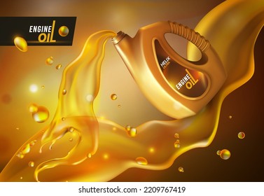 Oil change. Motor lubricant splash. Liquid pour spill. Automotive synthetic fluid. 3D canister with splatters. Vehicle maintenance service. Vector engine gasoline advertising banner