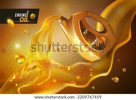 Oil change. Motor lubricant splash. Liquid pour spill. Automotive synthetic fluid. 3D canister with splatters. Vehicle maintenance service. Vector engine gasoline advertising banner