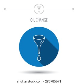 Oil change service icon. Fuel can with drop sign. Blue flat circle button. Linear icon with shadow. Vector