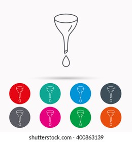 Oil change service icon. Fuel can with drop sign. Linear icons in circles on white background.