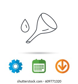Oil change service icon. Fuel can with drop sign. Calendar, cogwheel and download arrow signs. Colored flat web icons. Vector