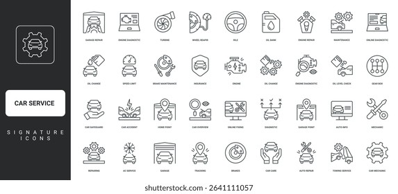 Oil check and change, engine thin black outline symbols vector illustration. Car maintenance and repair service, diagnostics work, tools of technician, spare vehicles parts line icon set.