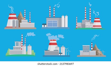 Oil, coal or energy factories vector illustrations set. Types of industrial buildings or plants, power stations isolated on blue background. Industry, production, electricity, environment concept