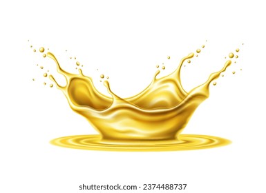 Oil corona splash with drops. Isolated realistic 3d vector yellow glistening crown drip with mesmerizing splashing delicate drops, liquid masterpiece in motion, capturing the essence of fluid elegance