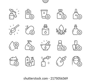 Aceite cosmético. Medicina herbal. jabón líquido, crema, champú con aceite. Iconos De Línea Delgada De Vector Perfecto De Pixel. Pictograma mínimo simple