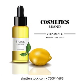 Oil Cosmetics realistic mock up Vector. Hydration serum with lemon extract. Perfect for advertising, flyer, banner, poster. 3d illustrations