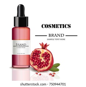 Oil Cosmetics realistic mock up Vector. Hydration serum with granate extract. Perfect for advertising, flyer, banner, poster. 3d illustrations