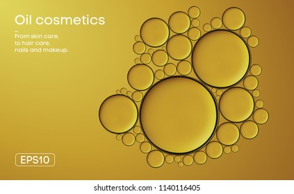 Oil cosmetics vector illustration. Skin care woman cosmetics. Olive oil dropsbackground. Liquid cosmetic products essential concept. EPS 10.