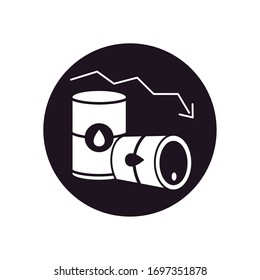 oil crash concept, oil barrels and financial descending arrow over white background, silhouette style, vector illustration