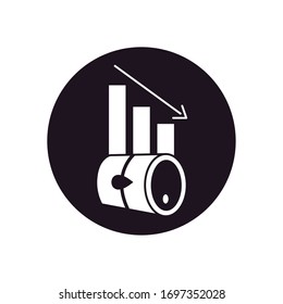 concepto de choque de aceite, gráfico con barril de aceite e icono de flecha hacia abajo sobre fondo blanco, estilo de silueta, ilustración vectorial