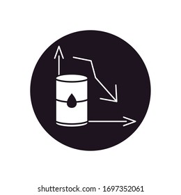oil crash concept, graphic chart with financial arrow down and oil barrel icon over white background, silhouette style, vector illustration