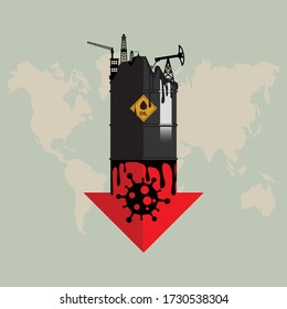 Oil crisis because outbreak of (pandemic) coronavirus concept. Design with Rig, Winch, Melting Oil Tank and red down arrow with COVID-19 showing a decline in oil prices. World economic recession.