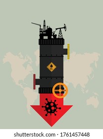 Oil crisis because outbreak of (pandemic) coronavirus concept. Design with Rig, Winch, Oil pipeline and red down arrow with COVID-19 sign. Decline in oil prices. World economic recession. Flat vector